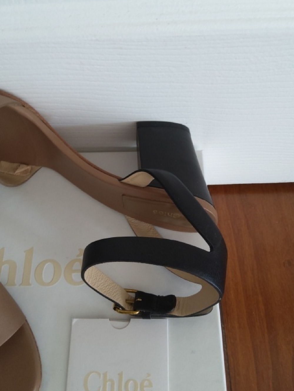 CHLOE Open Toe Taupe & Black Heeled Shoes - Picture 3 of 7
